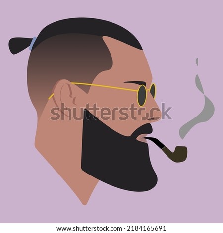 Silhouette. Face. Guy with glasses. Male head in glasses with top knot hair on pink background. Man head silhouette. Man Flat colored illustration. Stylish guy. Bearded man smoking a pipe. 