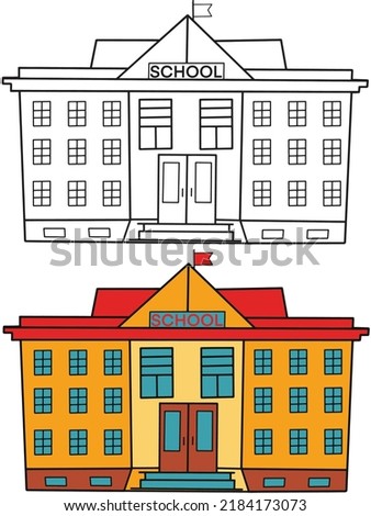 Back to school Element,Outline and Colored Modern School Building,Educational clip art.