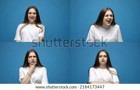 Collage photo with four different happy and sad emotions in one young brunette woman in white t-shirt on blue background. Set of young woman's portraits with different emotions. Royalty-Free Stock Photo #2184173447