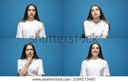 Set of young woman's portraits with different happy and sad emotions. Collage with four different emotions. Royalty-Free Stock Photo #2184173485