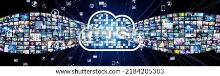 Cloud computing concept. Digital contents. Social networking service. Streaming video. NFT. Non-fungible token. Wide image for banners, advertisements.