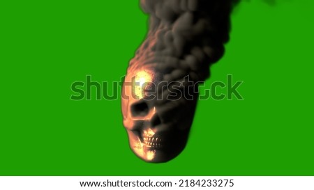 Grey scary burning human skull on chroma key screen with fire - war concept, isolated - object 3D rendering