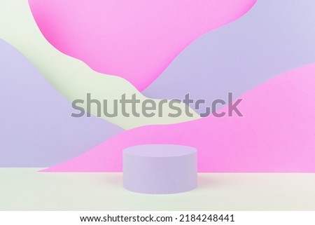 Fantasy cartoon abstract scene mockup with round podium, mountain landscape with pink, lilac, white color slopes. Template showroom for advertising, presentation of cosmetic, goods, advertising.