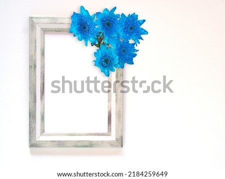 Grey rectangle border photo frame and blue flowers (chrysanthemum) on white background. Top view, flat lay with copy space.
