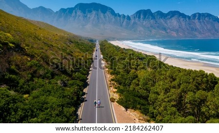 Kogelbay beach Western Cape South Africa, Kogelbay Rugged Coast Line with spectacular mountains. Garden route, drone aerial view at the road and beach Royalty-Free Stock Photo #2184262407