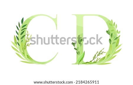 Ecology english alphabet letters. Green leaves font. C,D letters cartoon vector illustration