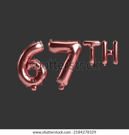 3d illustration of 67th metal rose balloons isolated on black background