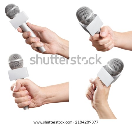 Collection of hands holding microphones, isolated on white background