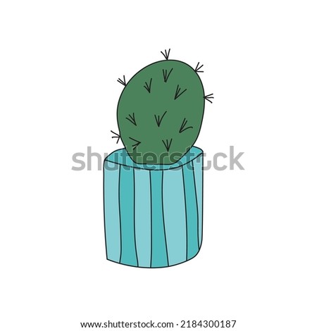 Home plant cactus in a blue pot. Cute vector doodle illustration of house plant.