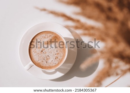 Pampas grass and white cup with coffee. Drinking Cappuccino in the breakfast morning at home. Flat lay. Wallpaper. Aesthetics. Cozy home