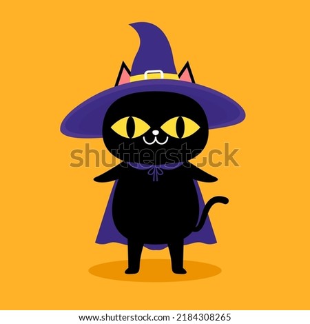 Cute black cat in a witch hat sitting in Halloween day. black cat cartoon vector.