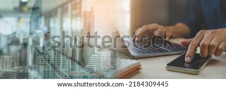Businessman working stock traders making analysis of digital market and investment, technical chart red and green, hands using laptop for stock trading, Banner cover design.