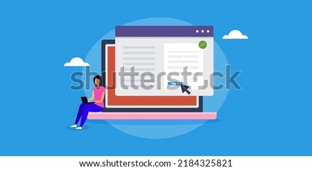 Sing up page on laptop screen, woman using login page, person browsing internet - flat design vector illustration with character Royalty-Free Stock Photo #2184325821