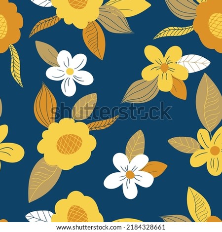 Seamless floral pattern based on traditional folk art ornaments. Art flowers on color background. Scandinavian style. Sweden nordic style. Vector illustration. Simple minimalistic pattern.