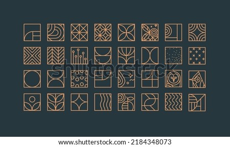 Set of creative modern art deco icons in flat line style drawing on blue background.
