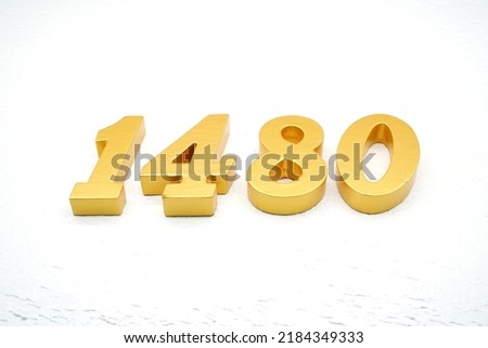    Number 1480 is made of gold painted teak, 1 cm thick, laid on a white painted aerated brick floor, visualized in 3D.                             
