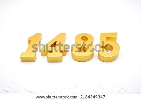    Number 1485 is made of gold painted teak, 1 cm thick, laid on a white painted aerated brick floor, visualized in 3D.                             