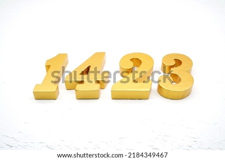    Number 1423 is made of gold painted teak, 1 cm thick, laid on a white painted aerated brick floor, visualized in 3D.                                