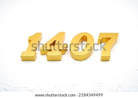      Number 1407 is made of gold painted teak, 1 cm thick, laid on a white painted aerated brick floor, visualized in 3D.                                 