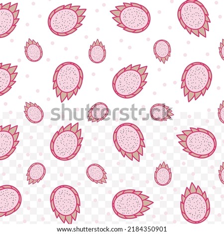 Random pattern of Dragon fruit in dark color on white background with mini doodles(icons). Vector Illustration