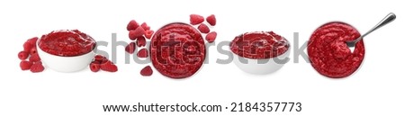 Set with tasty raspberry puree on white background. Banner design Royalty-Free Stock Photo #2184357773