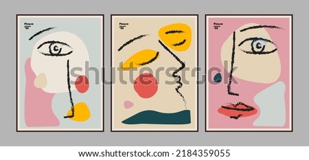 Set of abstract decorative painting posters or cards with human faces and abstract colorful geometric shapes. Vector illustration