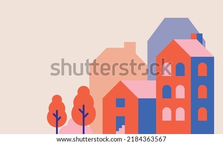 Geometric Neighborhood houses illustration red and blue - Cartoon style flat buildings designs vector for background, banner, presentation, and more