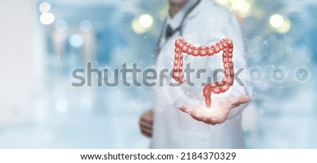 Doctor on a virtual computer screen shows the digestive system. Royalty-Free Stock Photo #2184370329