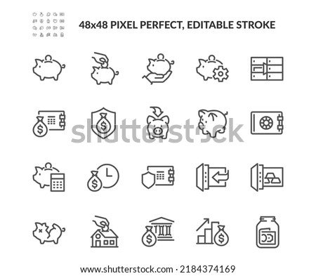 Simple Set of Money Savings Related Vector Line Icons. 
Contains such Icons as Bank Safe Deposit Box, Tips Jar, Pension Calculator and more. Editable Stroke. 48x48 Pixel Perfect. Royalty-Free Stock Photo #2184374169