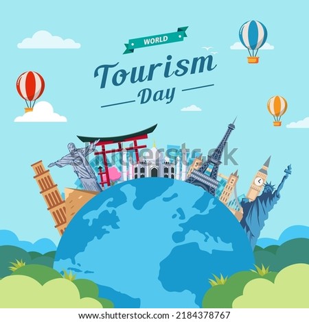 World Tourism Day. The inscription on the globe. Around the monuments of architecture. Flat vector illustration