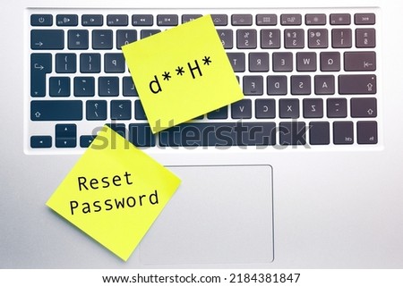 Sticky notes with phrase Reset Password and posscode on laptop, top view