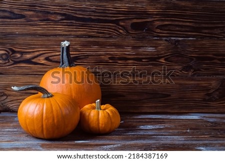 Close up shot of a classic orange and baby boo pumpkins on wood textured table background as a symbol of autumnal holidays with a lot of copy space for text.