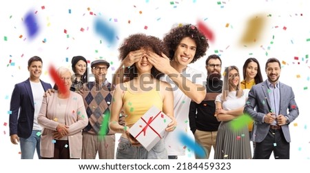 People gathered at a surprise birthday party for a young woman isolated on white background