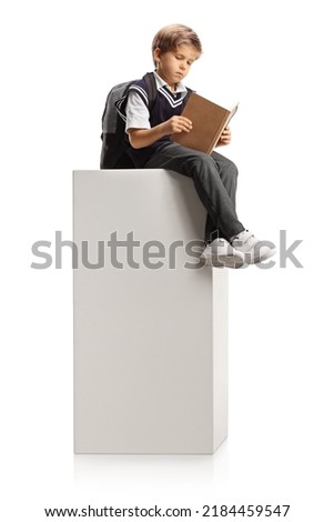Schoolboy sitting on a tall white column and reading a book isolated on white background Royalty-Free Stock Photo #2184459547