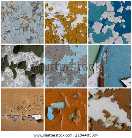 Set of peeling paint textures. Old concrete walls with cracked flaking paint. Weathered rough painted surfaces with patterns of cracks and peeling. Collection of grunge backgrounds for design.