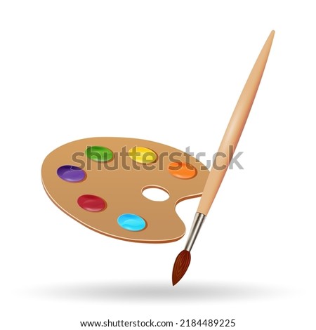 Paintbrush and palette with paints for the artist isolated on white background. Vector illustration.