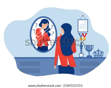 imposter syndrome, businesswoman looking shadow himself through mirror for Anxiety and lack of self confidence at work vector Royalty-Free Stock Photo #2184521551