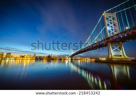 Benjamin Franklin Bridge after sunset from new jersey side.