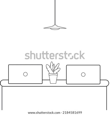 Black and white office space for work or study. Home interior. Vector illustration.
