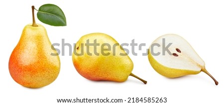 Isolated pears with leaf. Flying in air pears on white background with clipping path. As design element. Royalty-Free Stock Photo #2184585263