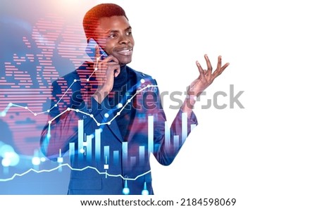 Black businessman talking on the smartphone and gesturing. Forex hologram with digital world map, double exposure. Concept of consulting