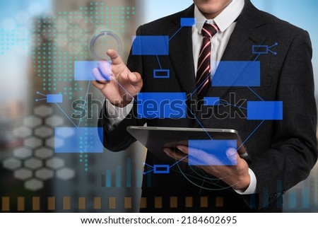 Digital marketing media in virtual icon globe shape business open his hand, working touch screen tablet.