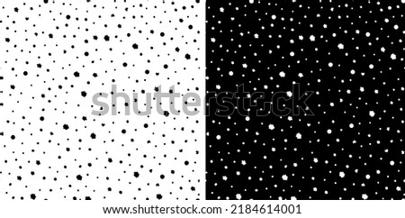 Set of monochrome irregular polka dot seamless repeat pattern. Random placed, vector stains in black and white.