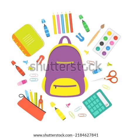 set of stationery tools for school or student, vector illustration of backpack, pencils, pen, calculator, notepad and scissors on white background, flat style