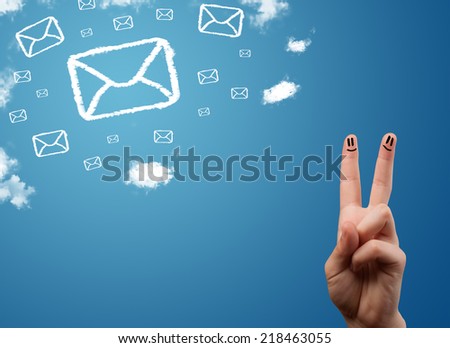 Happy cheerful smiley fingers looking at mail icons made out of clouds