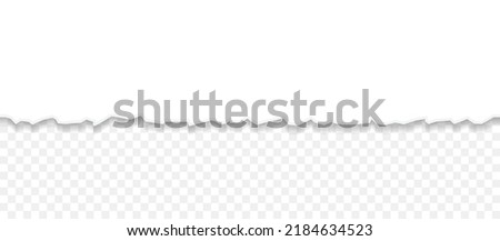 Torn half sheet of blank white paper from the bottom, isolated on transparent background. Vector design template. Royalty-Free Stock Photo #2184634523