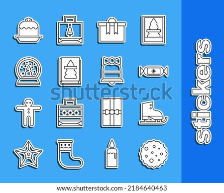 Set line Cookie or biscuit with chocolate, Figure skates, Candy, Gift box, Christmas book, snow globe, Cake and Merry ringing bell icon. Vector