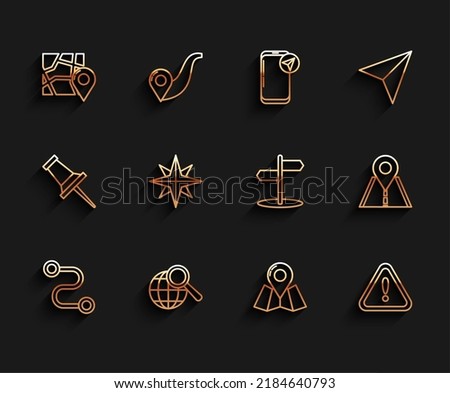 Set line Route location, Magnifying glass with globe, Folded map marker, Exclamation triangle, Wind rose, Road traffic sign and  icon. Vector