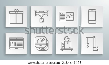 Set line Laptop with app delivery tracking, Delivery drone the package, Pizza cardboard box, Scale, Harbor port crane, Postcard, Mobile phone and Gift icon. Vector