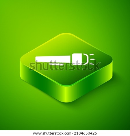 Isometric Flashlight icon isolated on green background. Green square button. Vector